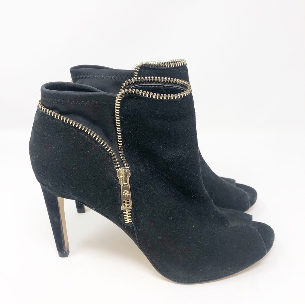 ANN TAYLOR BLACK FAUX SUEDE PEEP TOE SPIKE HEELS WITH ZIPPERS WOMENS SZ 7